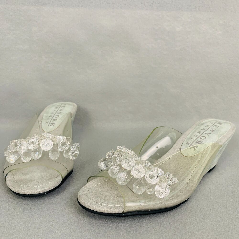 New York Transit Clear Wedge Sandals 8 Crystal Beaded Slip On Shoes Y2K Party